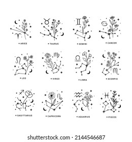 Celestial zodiac signs set. Zodiac signs with flowers, moon and stars. 