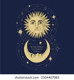 Celestial-inspired vector illustration featuring the sun and moon with motivational typography, surrounded by cosmic elements, symbolizing the balance of energy and the universe.