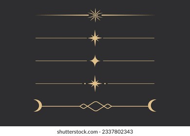 Celestistial border, esoteric dovider line art with sparkles, stars and moon gold colored isolated on dark background.