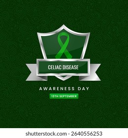 Celiac Disease awareness Day background. Shield design with Green silk ribbon.