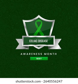 Celiac Disease awareness month background. Shield design with Green silk ribbon