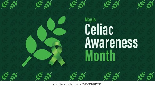 Celiac disease awareness month campaign banner. Gluten-free diet advocacy campaign. Wheat icon pattern and green ribbon.