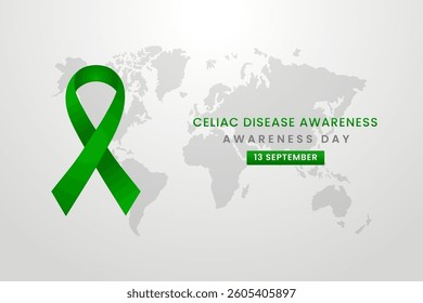 Celiac Disease awareness with month, light Grey background design with Green silk ribbon