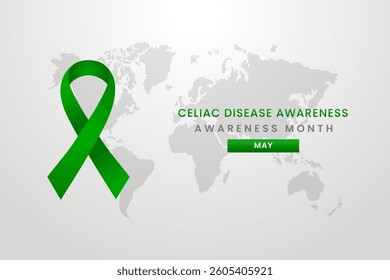 Celiac Disease awareness with month, light Grey background design with Green silk ribbon