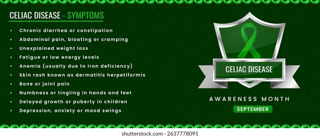 Celiac Disease Awareness ribbon with Symptoms, Shield Design with Pattern Based Background.