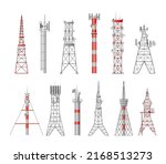 Cell antenna tower set. Telecommunication 5g mast, radio communication 4g signal, network military aerial. Television, telephone or internet technology. Vector flat illustration