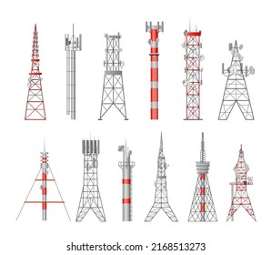 Cell antenna tower set. Telecommunication 5g mast, radio communication 4g signal, network military aerial. Television, telephone or internet technology. Vector flat illustration