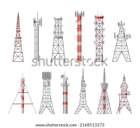 Cell antenna tower set. Telecommunication 5g mast, radio communication 4g signal, network military aerial. Television, telephone or internet technology. Vector flat illustration