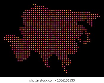 Cell Asia map. Vector geographic map in red color tinges on a black background. Abstract mosaic of Asia map combined from regular square small elements.