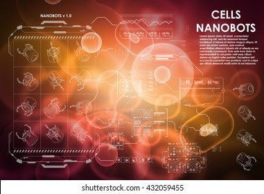 Cell background with futuristic interface elements. HUD UI for medical app. Futuristic user interface. Molecular research. Nanotechnology medicine concept. Nanorobots and cells.