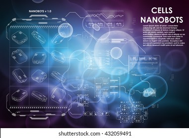 Cell background with interface elements. HUD UI for medical app. Futuristic user interface. Molecular research. Nanotechnology medicine concept. Nanorobots.