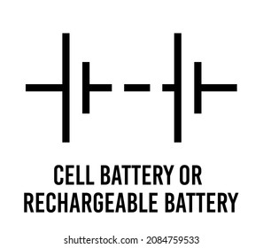 Cell battery, rechargeable electronic component, vector icon flat design concept. Electricity physics scheme for education. Black on white background.