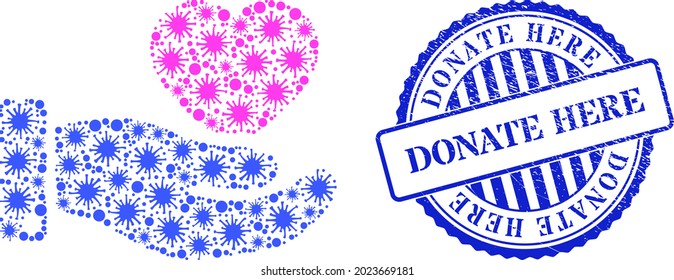 Cell collage favourite heart offer hand icon, and grunge DONATE HERE seal stamp. Favourite heart offer hand collage for isolation images, and grunge round blue seal.