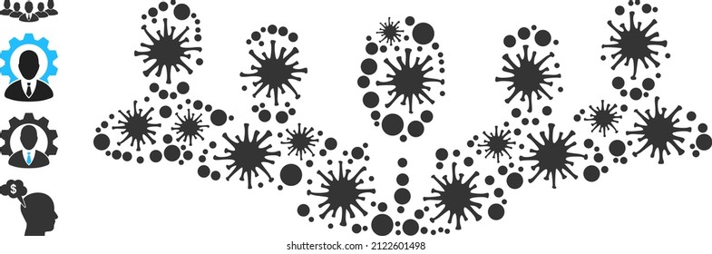 Cell collage team boss icon, and additional icons. Team boss mosaic for epidemic images. Vector collage is organized of random cell icons.