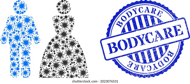 Icono de pareja de bodas de collage de celulares y sello de sello BODYCARE de grunge. Collage de pareja casera para plantillas de ruptura y marca de agua azul redondeada. El collage de vectores se compone de elementos de celda dispersos.
