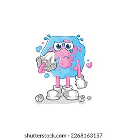 the cell cry with a tissue. cartoon mascot vector