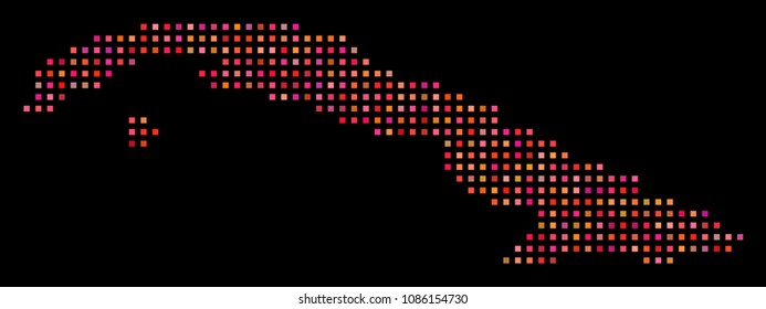 Cell Cuba map. Vector geographical plan in red color variations on a black background. Abstract mosaic of Cuba map designed from regular square points.
