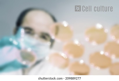 Cell culture blurred vector background. Male scientist in protective wear cultures human or animal cells