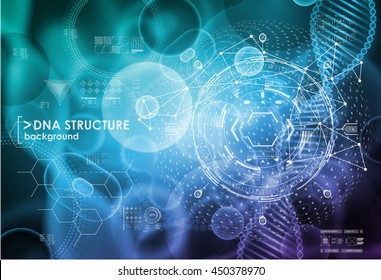 Cell and DNA background with interface elements. HUD UI for medical app. Molecular research.