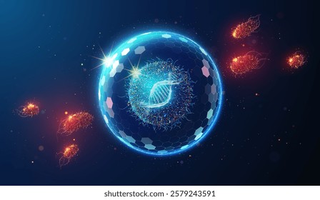 Cell with DNA protected from bacteria by sphere shield barrier made of neon particles.Blue geometric background on antibiotic disease prevention healthcare medical concept.Abstract vector illustration