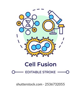 Icono de concepto multicolor de fusión celular. Combinación de células. Tecnología de hibridoma. Células inmunitarias. Anticuerpos de Generar. Ilustración de línea de forma redonda. Abstractas idea. Diseño gráfico. Fácil de usar en el artículo