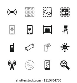 Cell icon. collection of 16 cell filled and outline icons such as luggage storage, heart mobile, phone, route and phone, transmitter. editable cell icons for web and mobile.