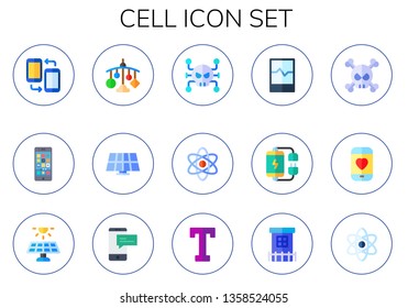 cell icon set. 15 flat cell icons.  Collection Of - smartphone, mobile, solar panel, virus, atom, battery, text, Prison