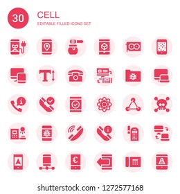 cell icon set. Collection of 30 filled cell icons included Smartphone, Honey, Graphic card, Responsive, Text, Telephone, Virus, Call, Phone, Atom, Molecules, Clone