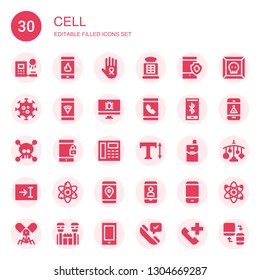cell icon set. Collection of 30 filled cell icons included Clone, Smartphone, Cancer, Payphone, Virus, Telephone, Text, Cellphone, Atom, Phone, Mobile, Jail, Phone call, Responsive