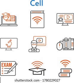 cell icon set. included exam, audiobook, teacher, books, cap, instructor, book, training, microscope icons. bicolor styles.