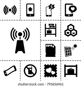 Cell icons. set of 13 editable filled cell icons such as no phone, luggage storage, wavy phone, photo with heart, signal, memory card, solar panel, chemical structure