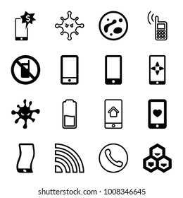 Cell icons. set of 16 editable filled and outline cell icons such as no phone, heart mobile, phone, bacteria, call, signal, home on phone display, battery, chemical structure