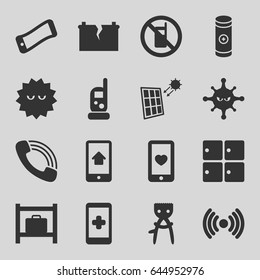 Cell icons set. set of 16 cell filled icons such as no phone, luggage storage, baby monitor phone, hair removal, bacteria, heart mobile, call, battery, home on phone display