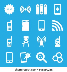 Cell icons set. set of 16 cell filled icons such as baby monitor phone, hair removal, phone, bacteria, old phone, memory card, battery, transmitter, hand on smartphone