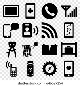 Cell icons set. set of 16 cell filled icons such as luggage storage, hair removal, heart mobile, tablet, battery, solar panel, broken battery, phone, call, message on phone