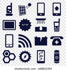 Cell icons set. set of 16 cell filled icons such as baby monitor phone, hair removal, honey, bacteria, phone, tablet, battery, solar panel, broken battery, solar energy