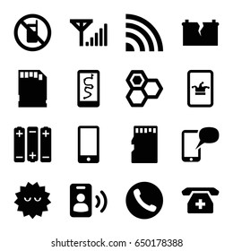 Cell icons set. set of 16 cell filled icons such as no phone, honey, poker on phone, bacteria, memory card, broken battery, call, mobile signal, battery