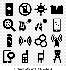 Cell icons set. set of 16 cell filled icons such as no phone, hair removal, bacteria, phone with heart, battery, solar panel, broken battery, transmitter, chemical structure