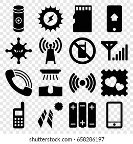Cell icons set. set of 16 cell filled icons such as no phone, hair removal, bacteria, photo with heart, phone, call, battery, memory card, home on phone display, mobile signal
