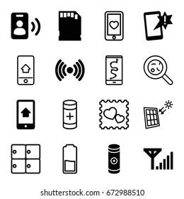 Cell icons set. set of 16 cell filled and outline icons such as battery, memory card, home on phone display, call, mobile signal, luggage storage, bacteria, heart mobile