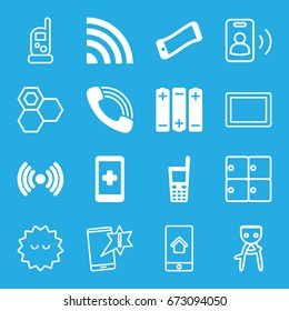 Cell icons set. set of 16 cell filled and outline icons such as old phone, call, battery, wavy phone, luggage storage, baby monitor phone, hair removal, honey, bacteria