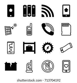 Cell icons set. set of 16 cell filled and outline icons such as luggage storage, call, home on phone display, broken battery, battery, solar energy, no phone, heart mobile