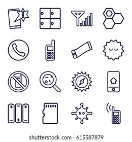 Cell icons set. set of 16 cell outline icons such as no phone, luggage storage, honey, bacteria, phone, memory card, mobile signal, battery, solar energy, important message