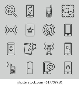 Cell icons set. set of 16 cell outline icons such as Poker on phone, bacteria, photo with heart, phone with heart, old phone, battery, microorganism, transmitter