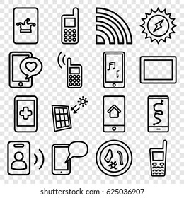 Cell icons set. set of 16 cell outline icons such as Poker on phone, phone, phone with heart, tablet, solar panel, call, microorganism, solar energy