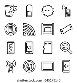 Cell icons set. set of 16 cell outline icons such as no phone, luggage storage, bacteria, heart mobile, tablet, memory card, phone, battery, microorganism, transmitter