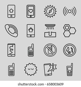Cell icons set. set of 16 cell outline icons such as no phone, hair removal, honey, phone, bacteria, heart mobile, call, microorganism, solar energy, important message