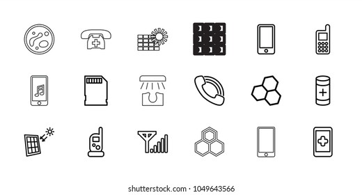 Cell icons. set of 18 editable outline cell icons: baby monitor phone, phone, hand on smartphone, chemical structure, call, battery, memory card, solar panel, mobile signal