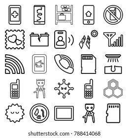 Cell icons. set of 25 editable outline cell icons such as no phone, hair removal, phone, hand on smartphone, bacteria, microorganism, solar panel, photo with heart, tablet