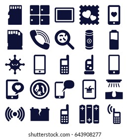 Cell icons set. set of 25 cell filled icons such as luggage storage, baby monitor phone, hair removal, poker on phone, bacteria, heart mobile, photo with heart, tablet, call